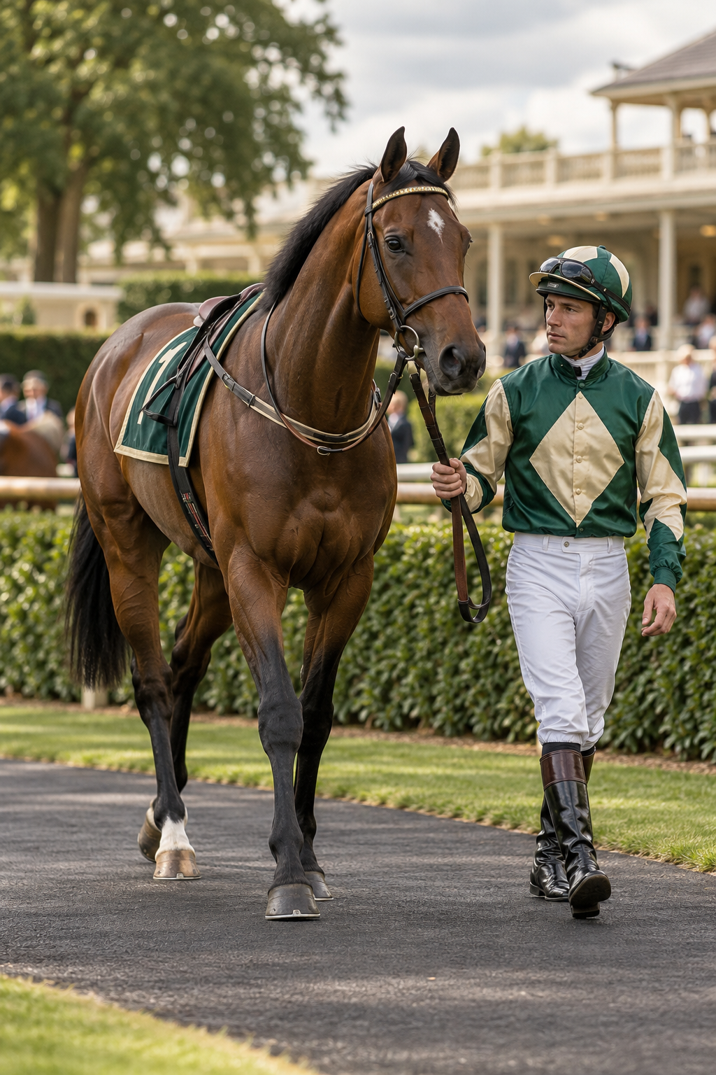 A bay Thoroughbred and jockey walking through the racecourse paddock