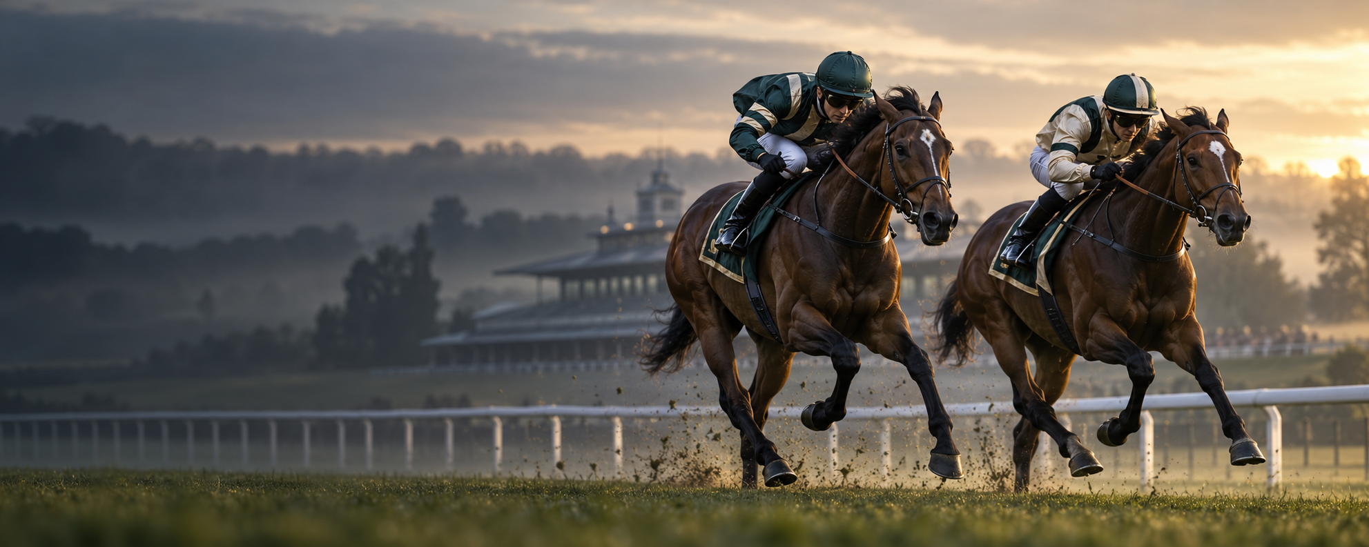 Two bay Thoroughbreds racing neck-and-neck on a turf course at dawn