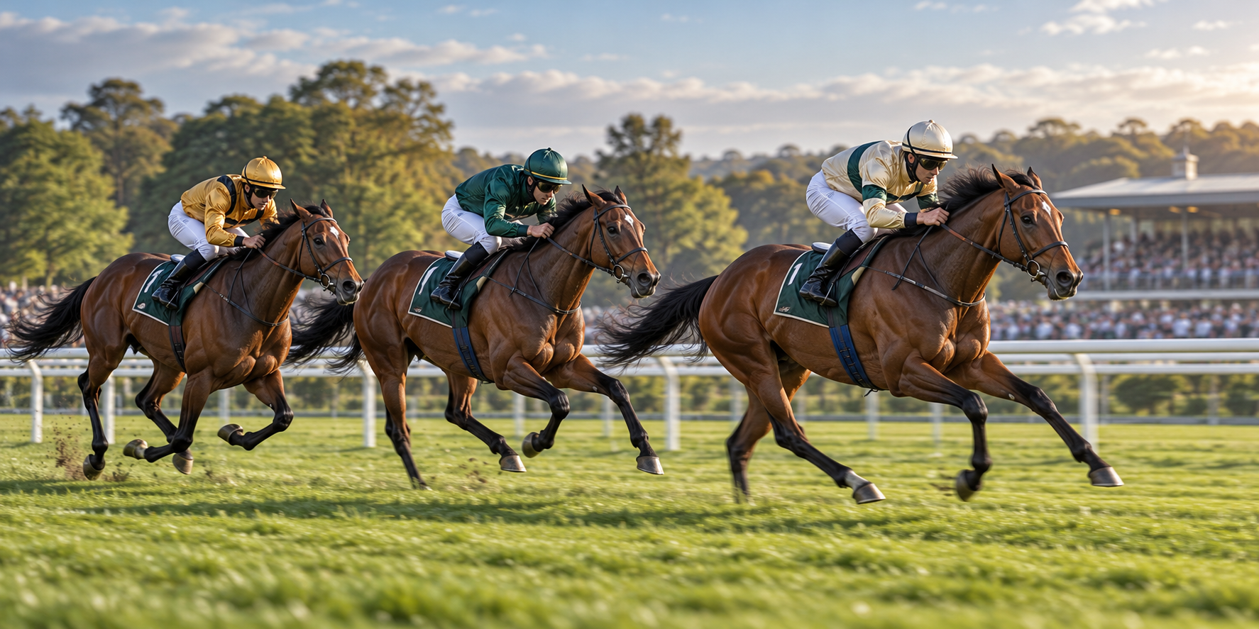 Three Thoroughbred racehorses galloping across a sunlit turf course